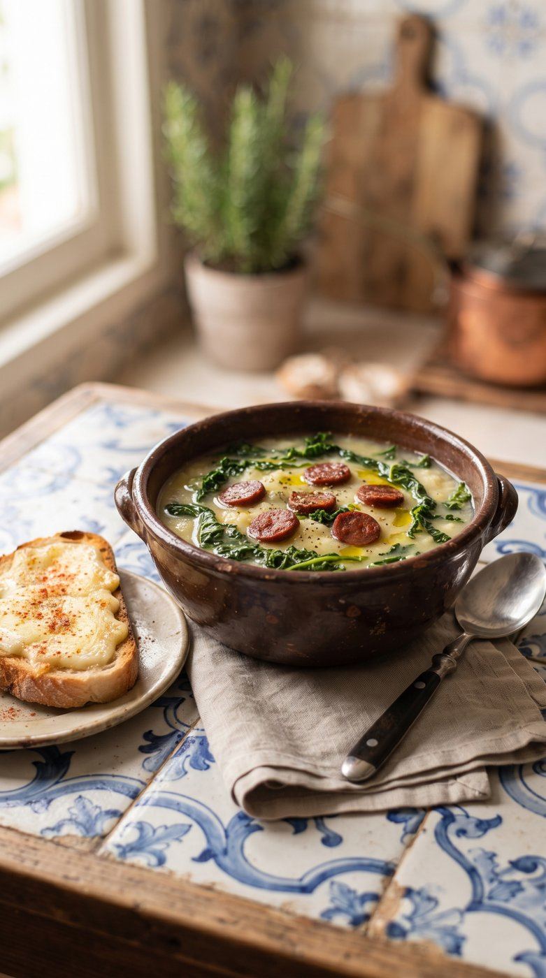 Caldo verde com rodelas de chouriço e tostas de queijo