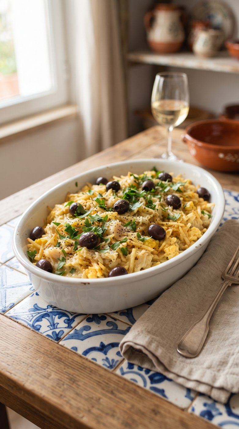 Bacalhau à Brás de migas num tacho de barro