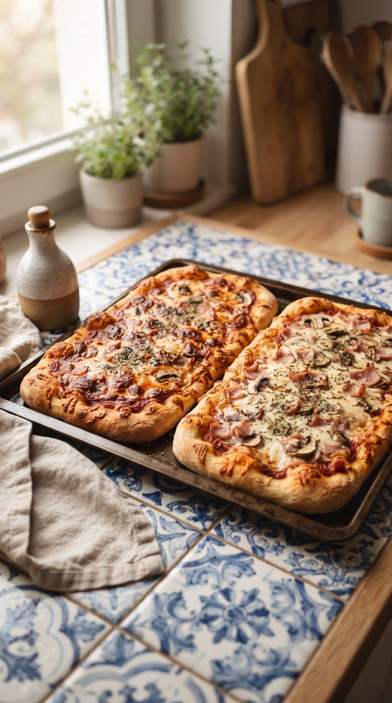 Pizza caseira de fiambre e cogumelos