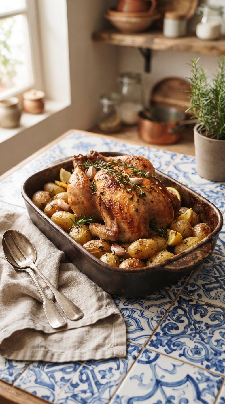 Frango assado inteiro com batatas no tabuleiro