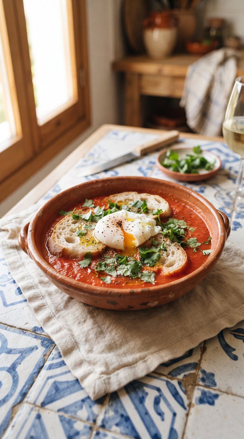 Sopa de tomate à alentejana com ovo escalfado